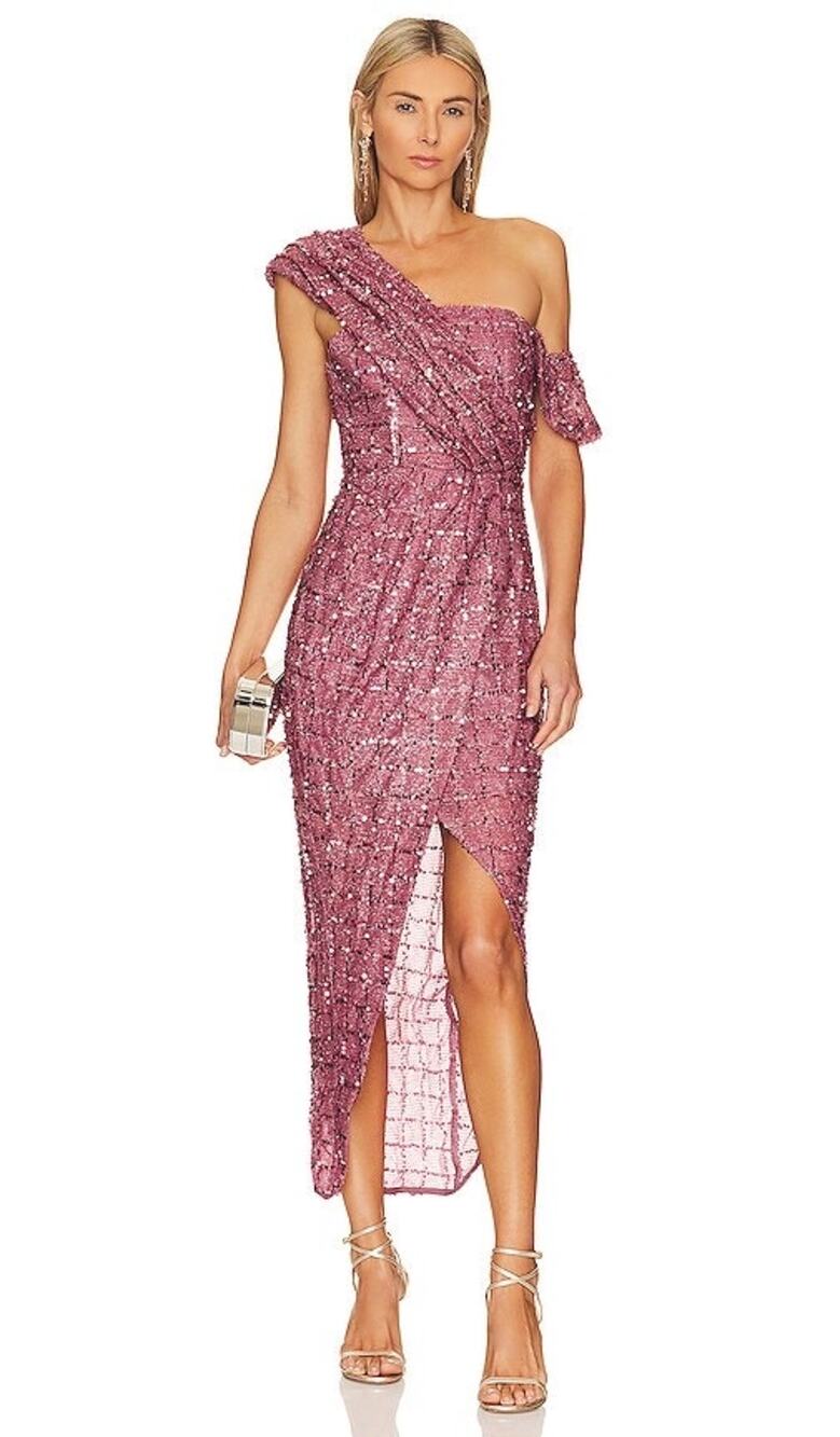 Elliatt Esther Plum Sequin One Shoulder/Off the Shoulder Evening Midi Dress